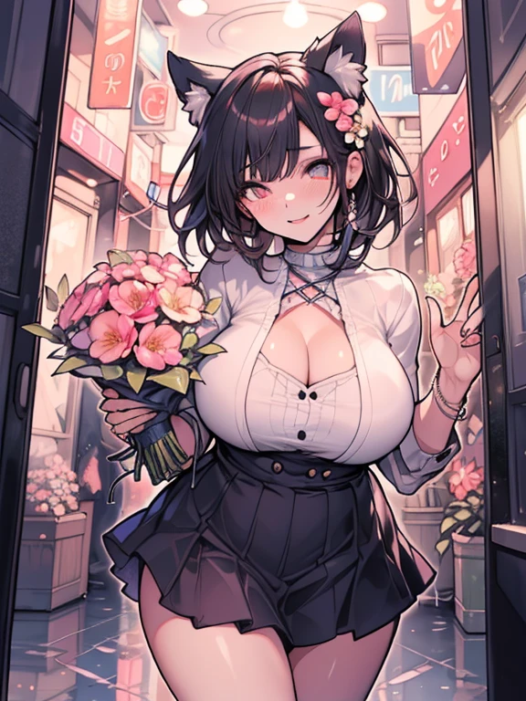 erotic sexy, 1, (masutepiece: 1.2), (Excessive skin gloss and reflection: 1.5), (fully detailed), (Very detailed and beautiful: 1.1), (cat ear,) Erotic and sexy smile, Gorgeous beauty, Shorthair with black hair, Super huge plump breasts, toned and muscular body, Cute casual clothes, a miniskirt, (Flower shop, lots of flower), Flower shopさんの店員, (holding a large bouquet with both hands),