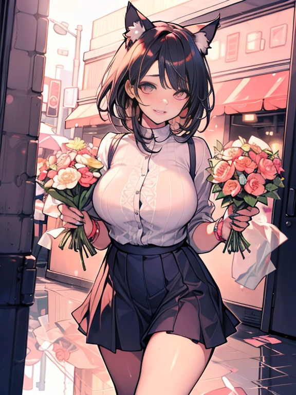 erotic sexy, 1, (masutepiece: 1.2), (Excessive skin gloss and reflection: 1.5), (fully detailed), (Very detailed and beautiful: 1.1), (cat ear,) Erotic and sexy smile, Gorgeous beauty, Shorthair with black hair, Super huge plump breasts, toned and muscular body, Cute casual clothes, mini skirt, (Flower shop, lots of flower), Flower shop staff, (Hold one large bouquet with both hands),