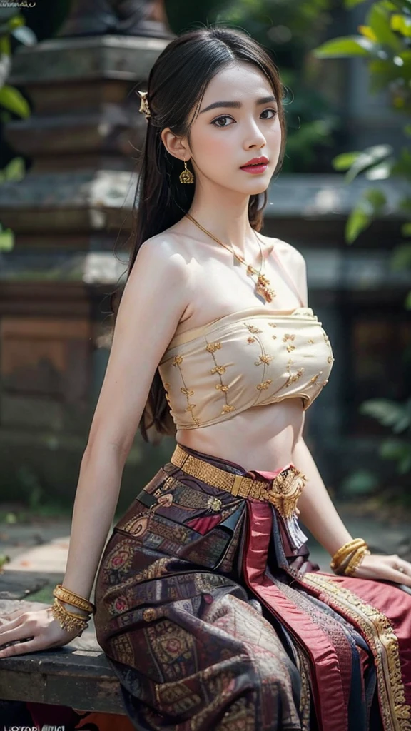 (raw photos:1.2), (realistic:1.4), (Masterpiece:1.3), (best quality:1.4), Ultra high resolution, (Detailed eyes), (Detailed facial features), (Detailed clothing features), HDR, 8K resolution, Focus only, Dressing according to Thai tradition, Strapless, Thai female warrior, Tabengman, 1 woman , big breasts, A gigantic rift, big breastsดันเสื้อผ้า, big breast, The breasts are fully grown.., Make your breasts bigger.., small waist, Long legs, Facing the audience, Full body, depth of field, Cinema-grade lighting system, big breast, Breast augmentation, 400CC, Your breasts are too big for your body., Revealing a flat stomach, The lower half of the chest can be seen.., sexy sitting position, Image from a very low angle, holding an ancient sword