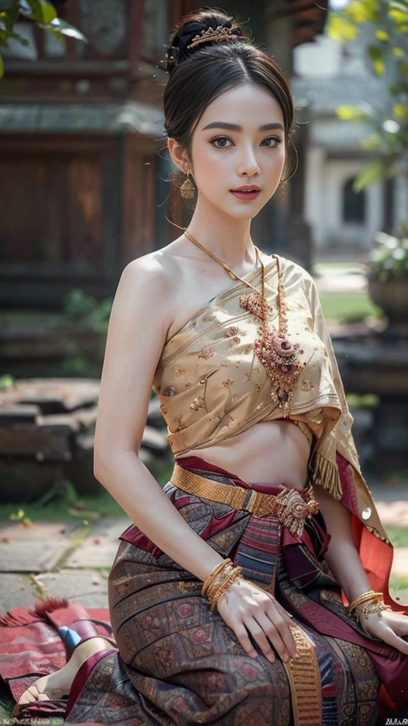 (raw photos:1.2), (realistic:1.4), (Masterpiece:1.3), (best quality:1.4), Ultra high resolution, (Detailed eyes), (Detailed facial features), (Detailed clothing features), HDR, 8K resolution, Focus only, Dressing according to Thai tradition, Strapless, Thai female warrior, Tabengman, 1 woman , big breasts, A gigantic rift, big breastsดันเสื้อผ้า, big breast, The breasts are fully grown.., Make your breasts bigger.., small waist, Long legs, Facing the audience, Full body, depth of field, Cinema-grade lighting system, big breasts,  Your breasts are too big for your body., Revealing a flat stomach, The lower half of the chest can be seen.., sexy sitting position, Sitting on a palanquin, Image from a very low angle, holding an ancient sword