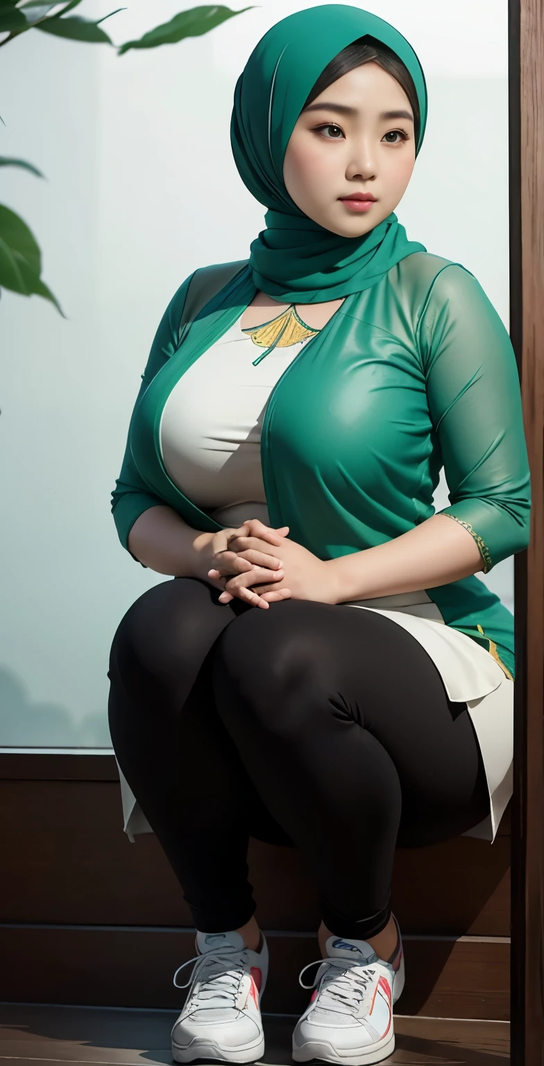 1 chinese-Indonesian girl, modern plain hijab, shy, medium portrait, watery eyes, wearing pastel green kebaya, ((big breasts)), black bokeh background, well-proportioned body,, chubby massive thighs, full body pose, Hena art on the body, hena art the face, full body view , wearing white sneakers 