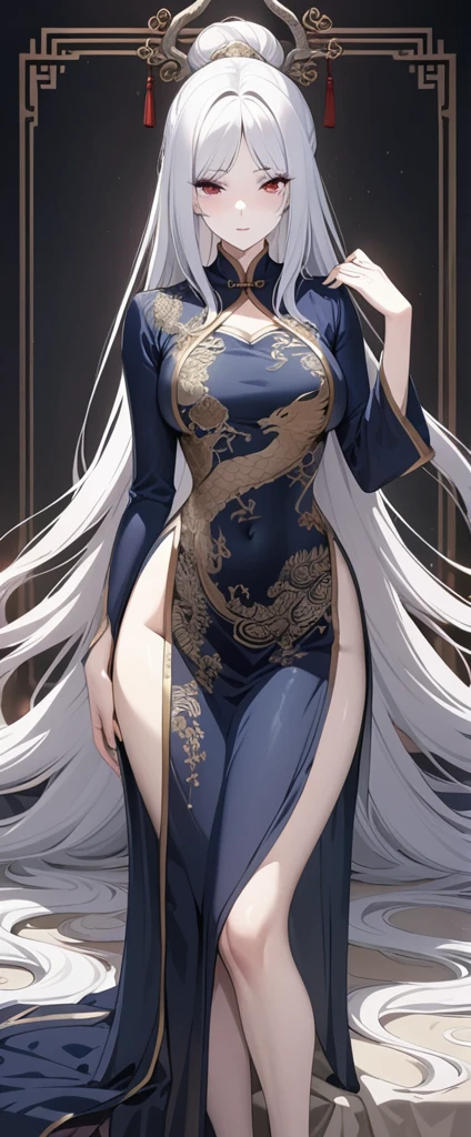 unparalleled masterpiece, ultra realistic 8k CG, perfect artwork, ((perfect female figure)), white hair, red eyes, mature female, milf, narrow waist, chinese deity, looking at viewer, seductive posture, sexy pose, alluring, clean, beautiful face, pure face, pale skin, absurdly long hair, shiny skin, skindentation,delicate pattern, intricate detail, (rich:1.4), (extremely detailed 8K chinese long embroidery silkrobe and silk long clothes and dress:1.2),slim body