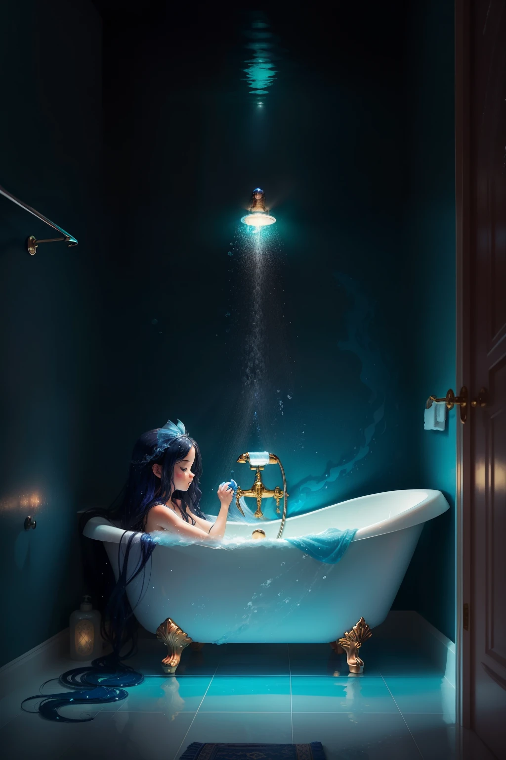 Young girl named Melody, with long black flowing locks, eagerly entered the bathroom, her heart filled with excitement. The soft, cinematic light guided her path towards the bathtub. With a graceful gesture, she poured in the shimmering, sapphire-blue bath salts, transforming the water into a magical lagoon. The heavenly aroma of lavender filled the room as Melody slipped into the comforting embrace of the tub. Her loyal companion, Bubbles, the rubber ducky, accompanied her, floating gently by her side. Melody's eyes closed, and her imagination took flight. In her mind, she sailed on the waves with mermaids, danced