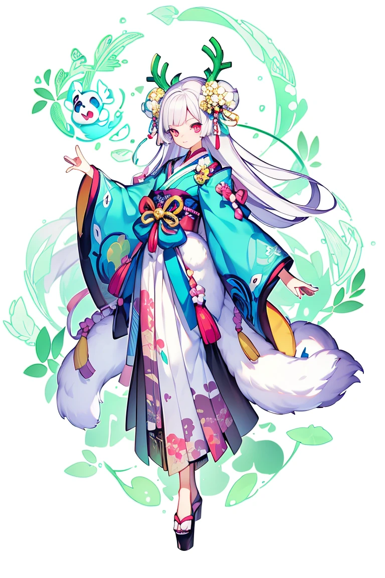 (Masterpiece:1.2)，Best quality，white backgrounid，Bamboo leaves，（1Blittle girl：1.5，Full body standing painting，looking at viewert），deer antlers, Entwined vines, petals, Pink and white clothes，long  skirt，facial closeups，big beatiful eyes，detailed face with，Flashy clothes，Wide_Sleeves，sash，flower，Ethereal panda，Dreamy，Onmyoji detailed art，A beautiful artwork illustration，Beautiful digital artwork，shoes，Footwear, komono, Zephyr elements, Flashy clothes, Traditional oriental art style, Beautiful painting style, ukiyo-style, tmasterpiece, top Quority, best qualtiy, Ultra-high resolution