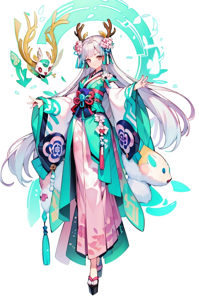 (Masterpiece:1.2)，Best quality，white backgrounid，Bamboo leaves，（1Blittle girl：1.5，Full body standing painting，looking at viewert），deer antlers, Entwined vines, petals, Pink and white clothes，long  skirt，facial closeups，big beatiful eyes，detailed face with，Flashy clothes，Wide_Sleeves，sash，flower，Ethereal panda，Dreamy，Onmyoji detailed art，A beautiful artwork illustration，Beautiful digital artwork，shoes，Footwear, komono, Zephyr elements, Flashy clothes, Traditional oriental art style, Beautiful painting style, ukiyo-style, tmasterpiece, top Quority, best qualtiy, Ultra-high resolution