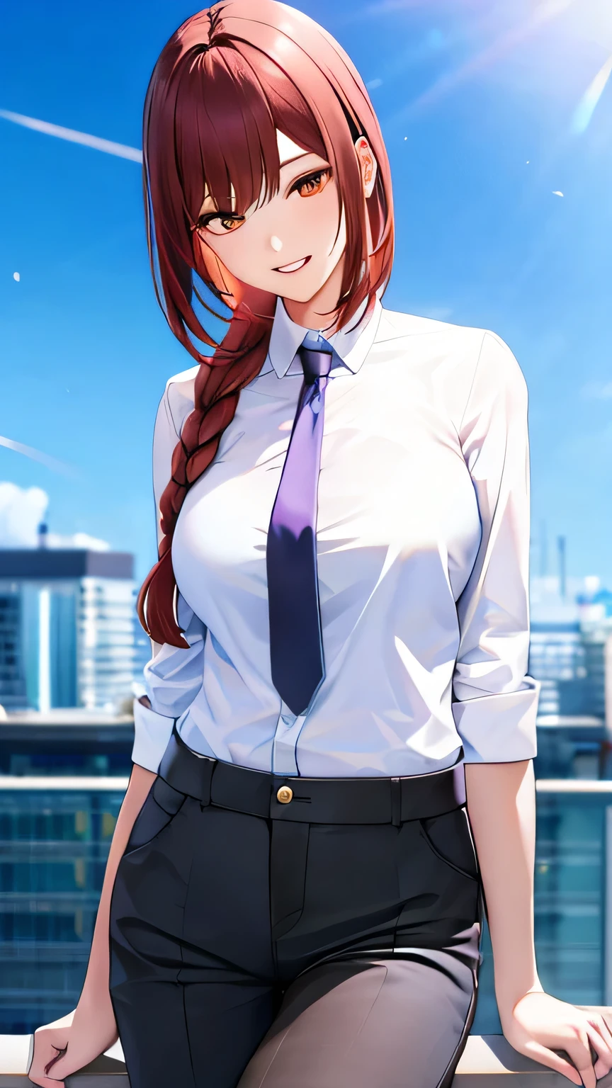 (8k, RAW Photos, Ultra-high resolution, highest quality, masterpiece:1.2), (Realistic illustrations), (Highly detailed CG Unity 8k wallpaper), Red braid、Full body character portrait、
1 girl,Character portrait, Beautiful Face,Medium chest,,smile,Tilt your head,Grin,Big breasts that can be seen from the top of the clothes、White shirt and black tie,Slim fit trousers,、Nogizaka Idol、、Korean Idol