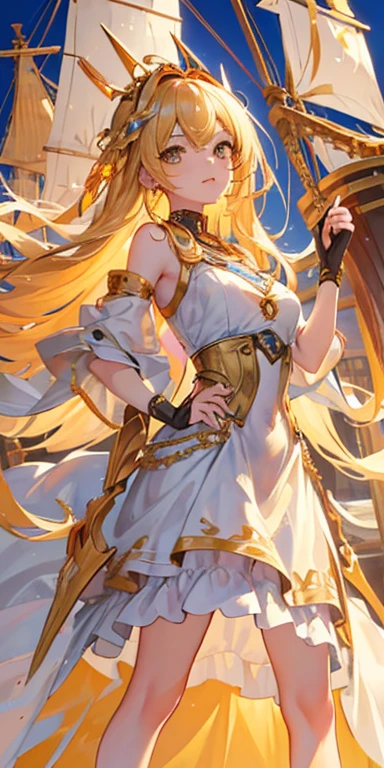 1girl,  ((masterpiece:1.4, best quality)),((masterpiece, best quality)),cute girl,, golden eyes,Mechanical skin, Mechanical ,joints,Ship Maiden,Beautiful dress,colored,Exquisite headdress