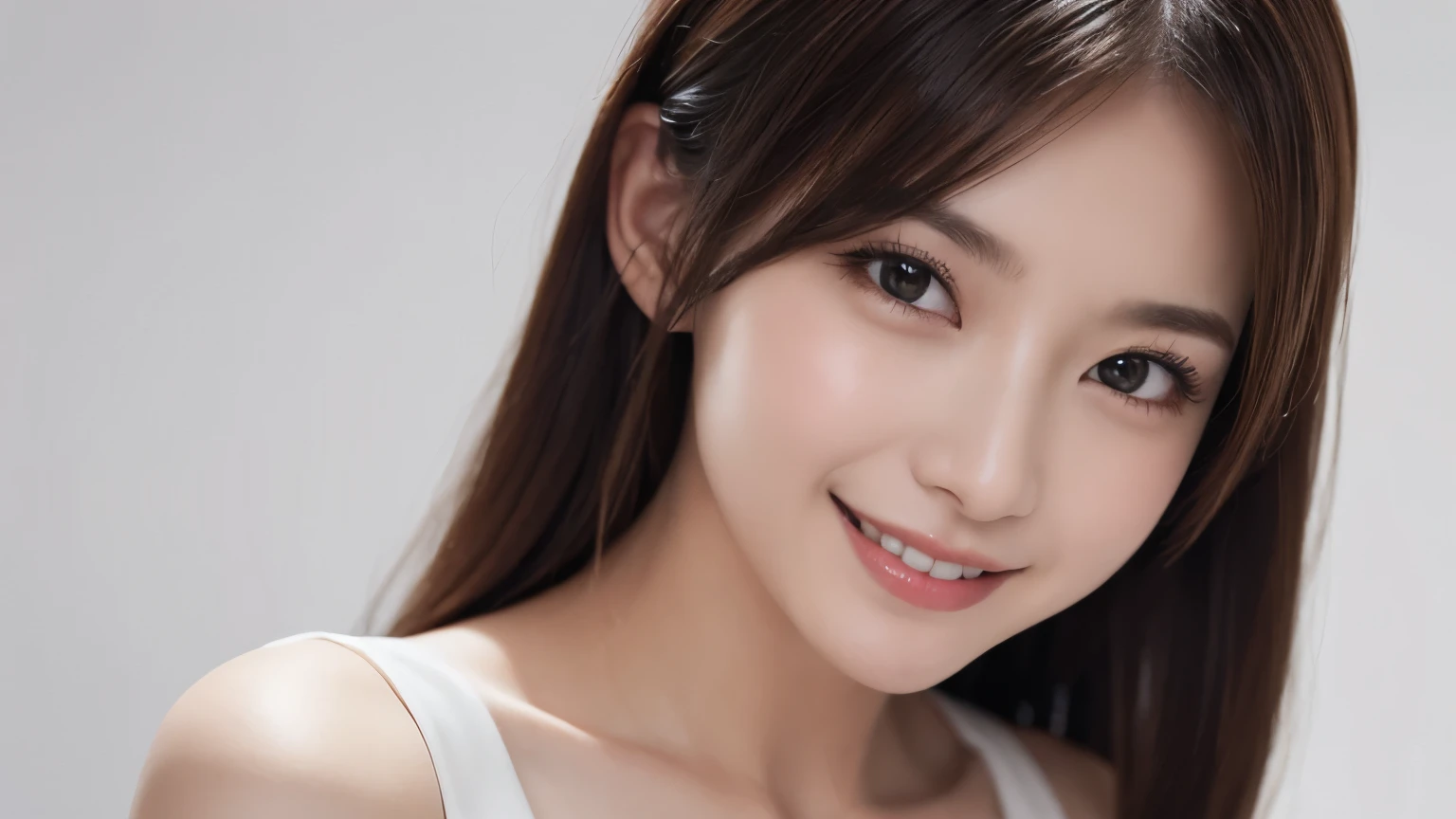 One Girl, (Dress in trendy fashion:1.2), (RAW Photos, highest quality), (Realistic, Photorealistic:1.4), Tabletop, Very delicate and beautiful, Very detailed, 2k wallpaper, wonderful, In detail, Very detailedな CG Unity 8K 壁紙, Very detailedな, High resolution, Soft Light, Beautiful detailed girl, looking at the camera、Very detailedな目と顔, Beautifully detailed nose, Beautiful fine details, Long Hair, small, Work suit、White background、Background is white、Cinema Lighting, Perfect Anatomy, Slender body, smile, 