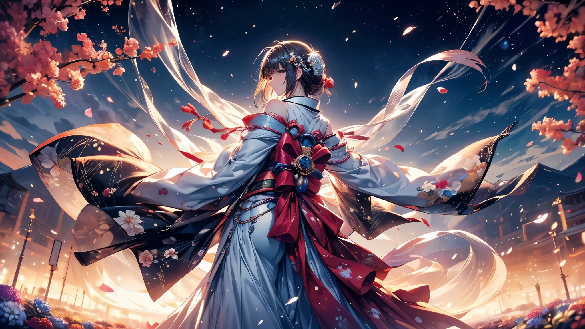  Ultra-delicate, Clear focus, (high resolution), Deformed depth of field blurred background, Detailed background, Perfect layer cutting, Atmospheric distance sense, artistic, (full-body shot/Cowboy shooting/Rear view/Top view/Top view), 8K, wallpaper, Micro light, complicated, familiar, black magician, particle, constellation, Stardust, universe, ((flower)), comfortable peace, peaceful, Japan, Himiko, kimono, With crystal, Fortune Telling, time and space,