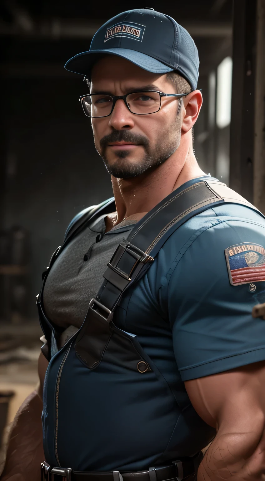 An award-winning original photo，A wild muscular man, (40 years old daddy:1.1), 1boy, Solo, (blue mechanic jumpsuit), (tool belt), (blue baseball cap), black hair, (big shoulders), musculature, stubbles, Short beard, Beautiful eyes:1.3, ), (Detailed face:1.3), wearing glasses, smiles, Dynamic Angle, volumetric lighting, (Best quality, A high resolution, Photorealistic), Cinematic lighting, Masterpiece, RAW photo, Intricate details, hdr, depth of field