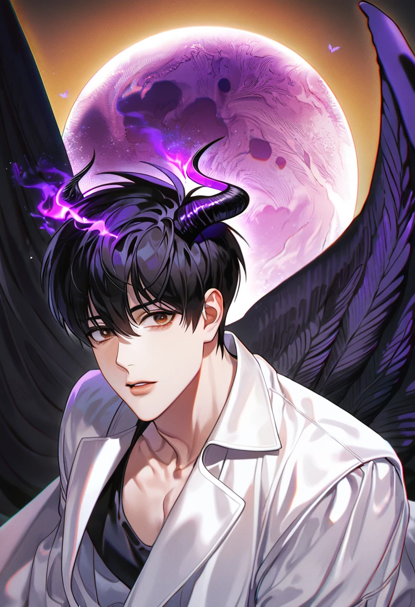 (absurdres, highres, ultra detailed, HDR) master piece, best quality, perfect face, delicated features, Kim Dokja, black hair, expressive brown eyes, Omniscient reader's viewpoint, solo, sexy man, handsome, white coat, black shirt, black horns, black angel wings, purple moon, purple flames, purple butterflies
