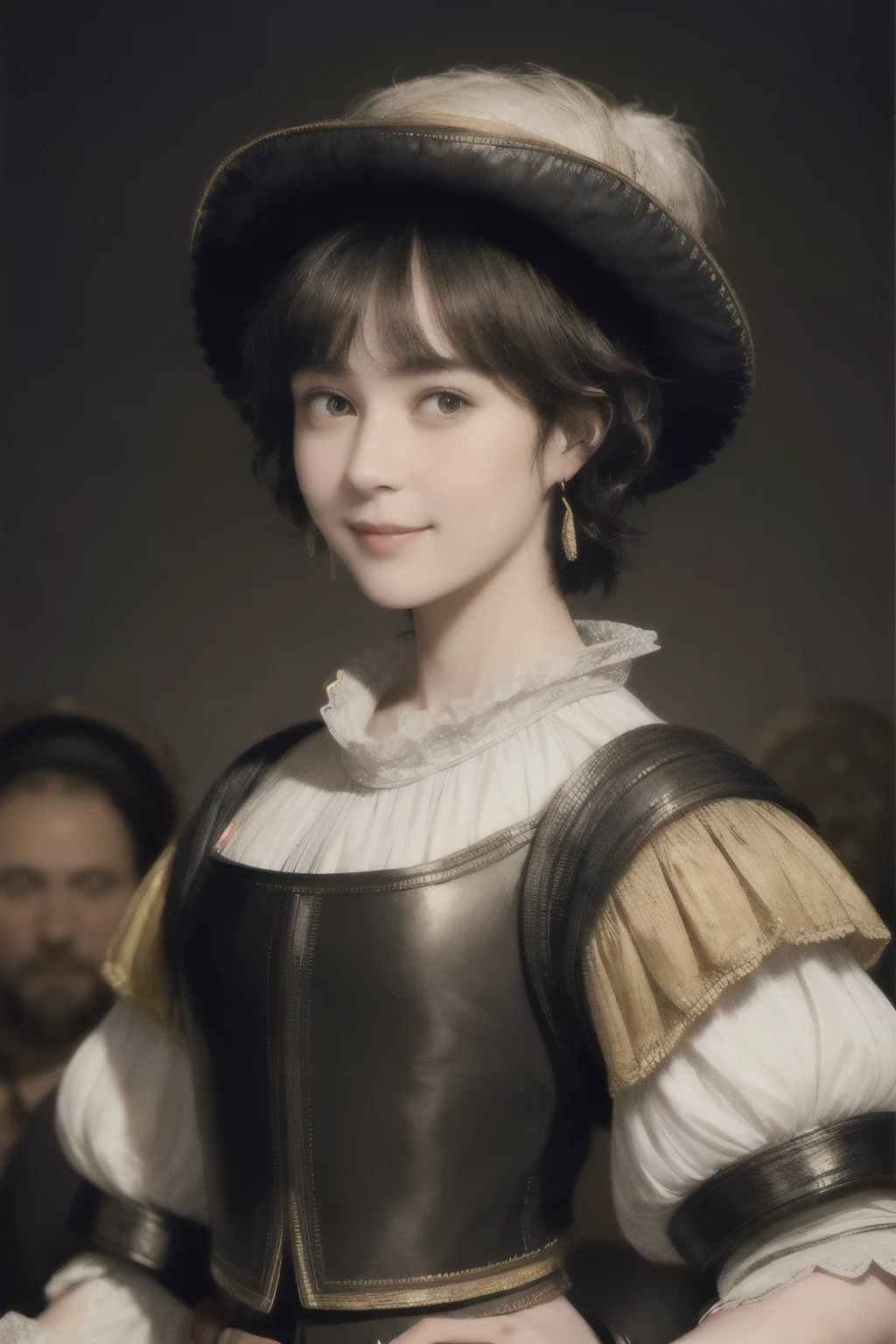 221 Short Hair, 20-year-old woman, A kind smile, (Luxurious stables), (Rembrandt-style painting), (Focus on the face, Written boundary depth)