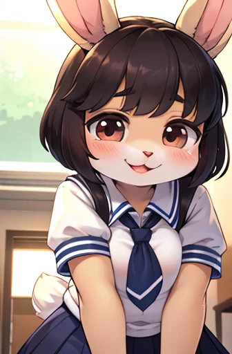pon pon shit , from below , Hairy rabbit girl , round face , (tilt face:1.1) , (half-open wink:1.2) , moist round eyes , Swollen cheeks , dark color hair , Maternal smile , glossy lips , school sailor , middle skirt , sunny school , light color long bushy crotch