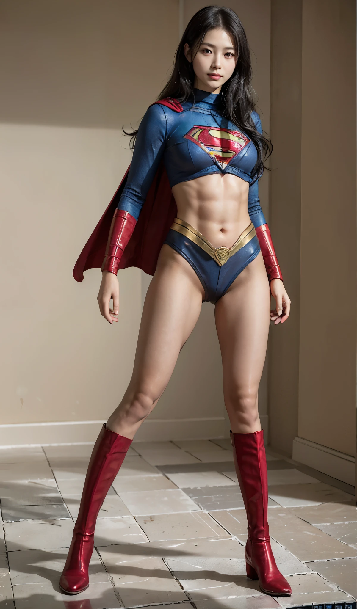 No background、(((Beautiful legs in black tights.)))、(((Legally express the beauty of your smile)))、((((Make the most of your original images)))、(((Supergirl Costume)))、(((Beautiful Hair)))、(((suffering)))、(((Please wear black tights....、Wear red boots)))、((Best image quality、8K))、((highest quality、8K、masterpiece:1.3))、(((Preserve background )))、Sharp focus:1.2、Beautiful woman with perfect figure:1.4、Thin abdominal muscles:1.2、Wet body:1.5、Highly detailed face and skin texture、8K