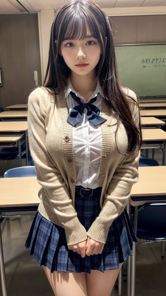 muste piece, best quality, illustration, Super detailed, fine details, High resolution, 8K,wall paper, perfect dynamic composition,(Details High quality, realistic depiction of eyes:1.3), High School Classroom、High school girl uniform、Cardigan、Super Short Check Uniform Skirt、Navy blue high socks、garterbelts、Colossal tits、Disturbed uniform、, black hair color, Big Natural Color Lip, bold sexy pose, (perfect body shape), crying a little、cold gaze, Harajuku style、20 year old girl、cute type, beautiful legs, hposing Gravure Idol, Voluptuous thighs