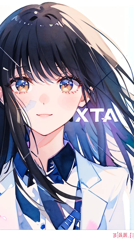 highest resolution, Detail view, 1 girl, high school girl、beautiful face, cute, white background, (watercolor: 1.2), 2D, Upper body, amount,up hair, black hair, straight hair,eye shadow, brown eyes, impressive eyes, Look at this,a shining smile、、navy sailor suit、wave your hand next to your face