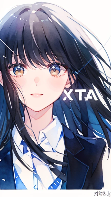 highest resolution, Detail view, 1 girl, high school girl、beautiful face, cute, white background, (watercolor: 1.2), 2D, Upper body, amount,up hair, black hair, straight hair,eye shadow, brown eyes, impressive eyes, Look at this,a shining smile、、navy sailor suit、wave your hand next to your face