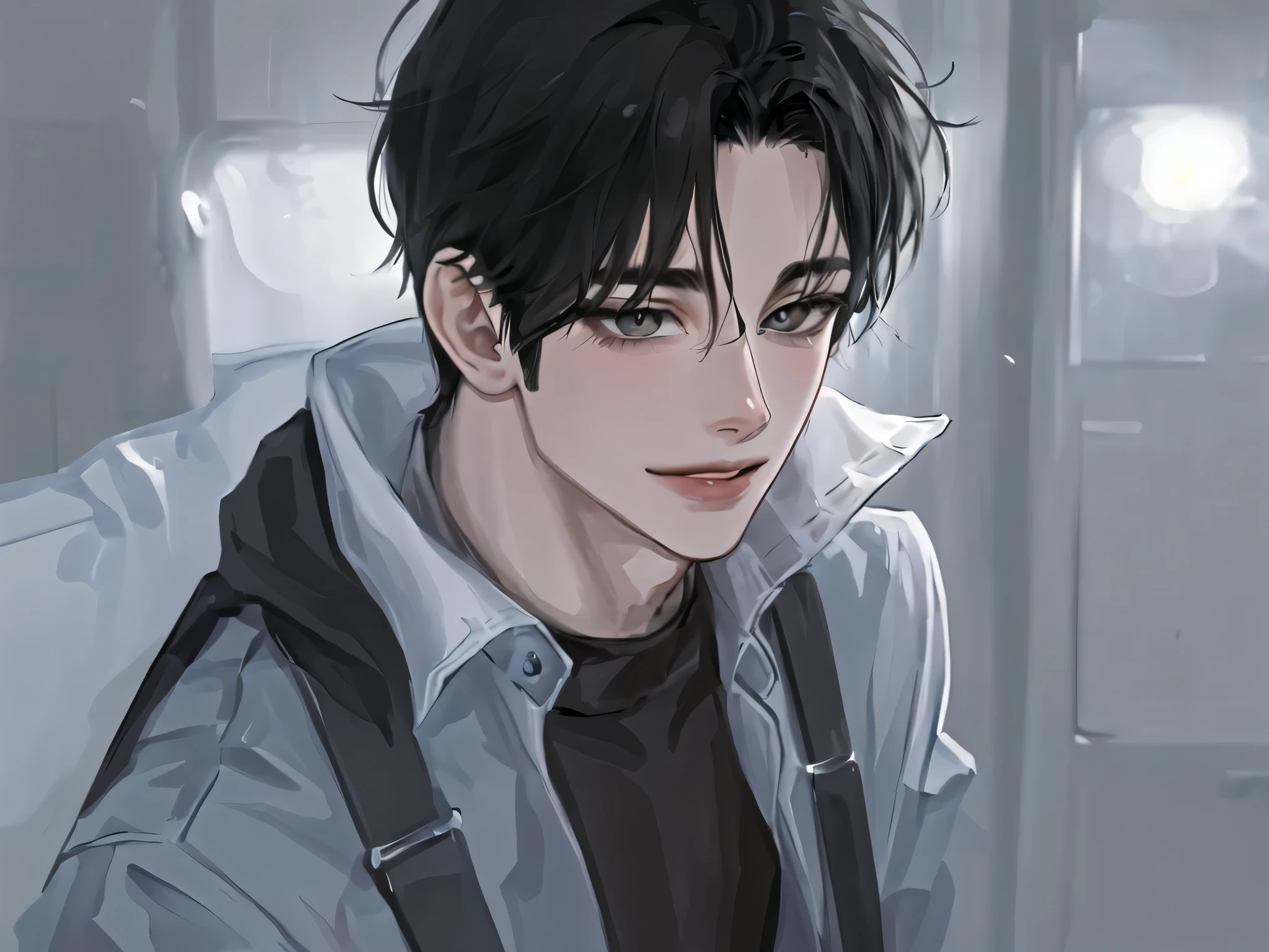 1boy, portrait, good looking, solo,lips, male focus, grey eyes, looking at viewer, black hair, short hair, perfect smile