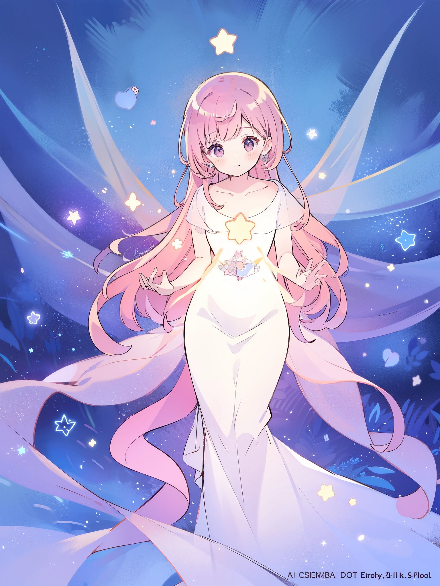 complex background, wishing star background, a woman wearing an ethereal mystical pink translucent dress that reflects the stars, perfume promo art, mystic, complex drawing, highly detailed, Covergirl brand, promo art, artistic rendition, ethereal, starry night, midjourney style