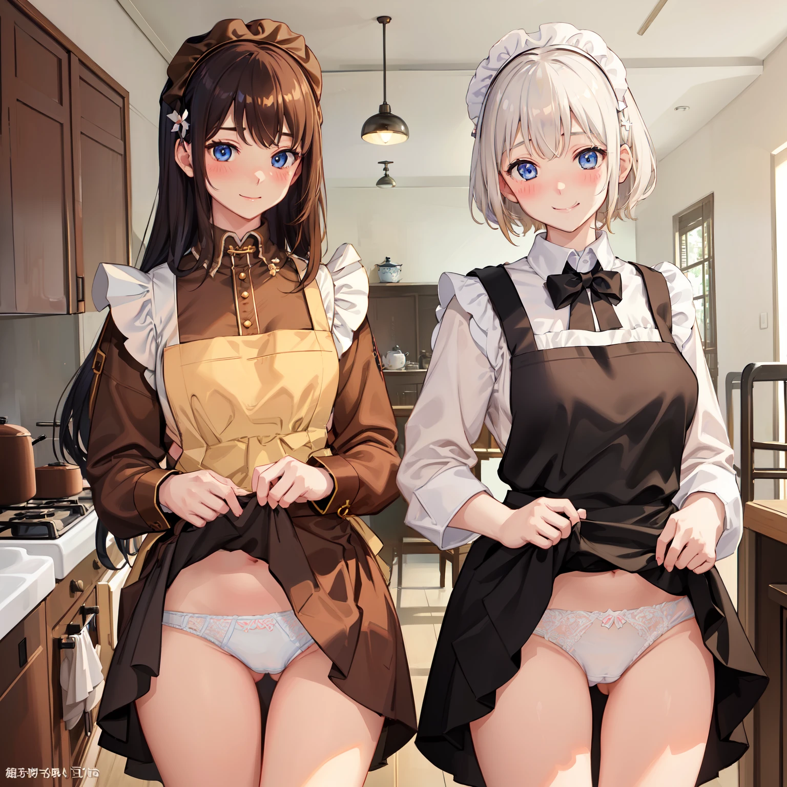 highest quality、masterpiece、((2 girls))、((smile:1.3))、(blush:1.3)、Black Shirt、blouse、((fun!!))、(Small breasts)、()、Blonde、(Long sleeve)、((White apron:1.5))、((Maid))、((hair ornaments)),、Kamimei、look at me、 ((in house:1.5))、 Taking a break from watching the audience、Cowboy Shot、(Skirt lift:1.3),(Highly detailed white panties:1.3)、(Highly detailed panties:1.3)、、(スカート that rolls up:1.3)、(Panties fully exposed:1.5)、Light blue eyes、long hair、Glowing Eyes