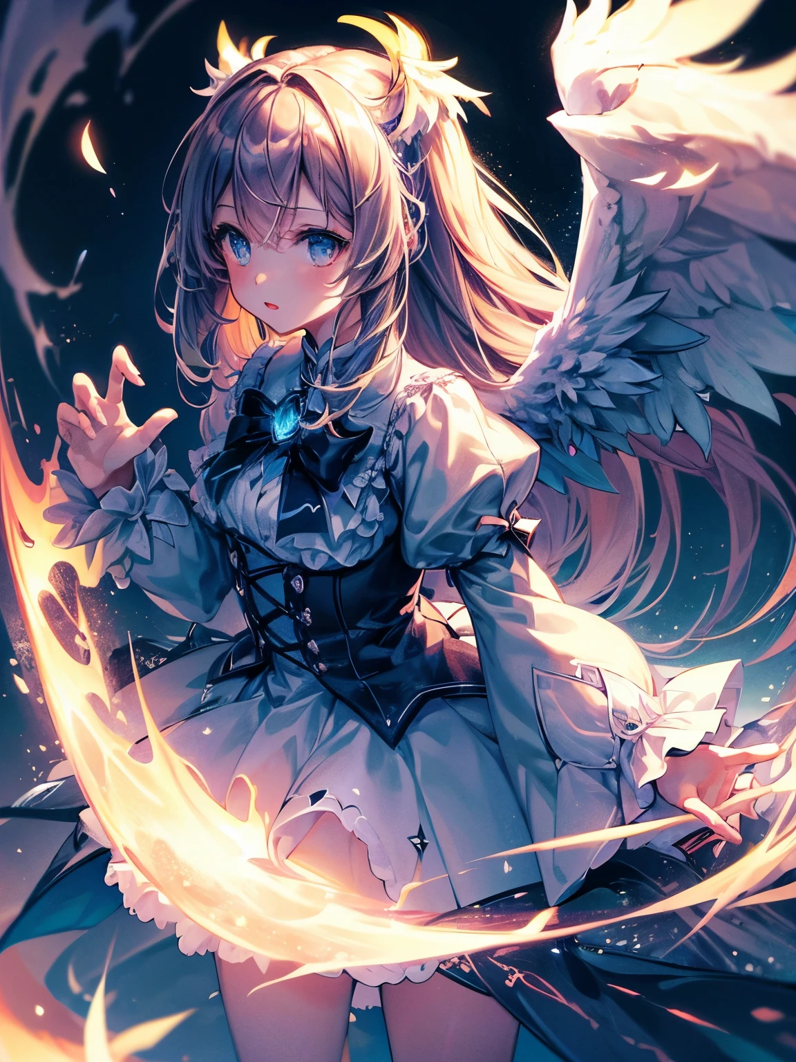 One girl、On the wings of light、Light wings glow on a dark background、contrast of darkness and light、(((masterpiece))), (best quality), (ultra detail), (very_high_resolution), (large_filesize), (full color)、Line art、neon、front、Magical girl