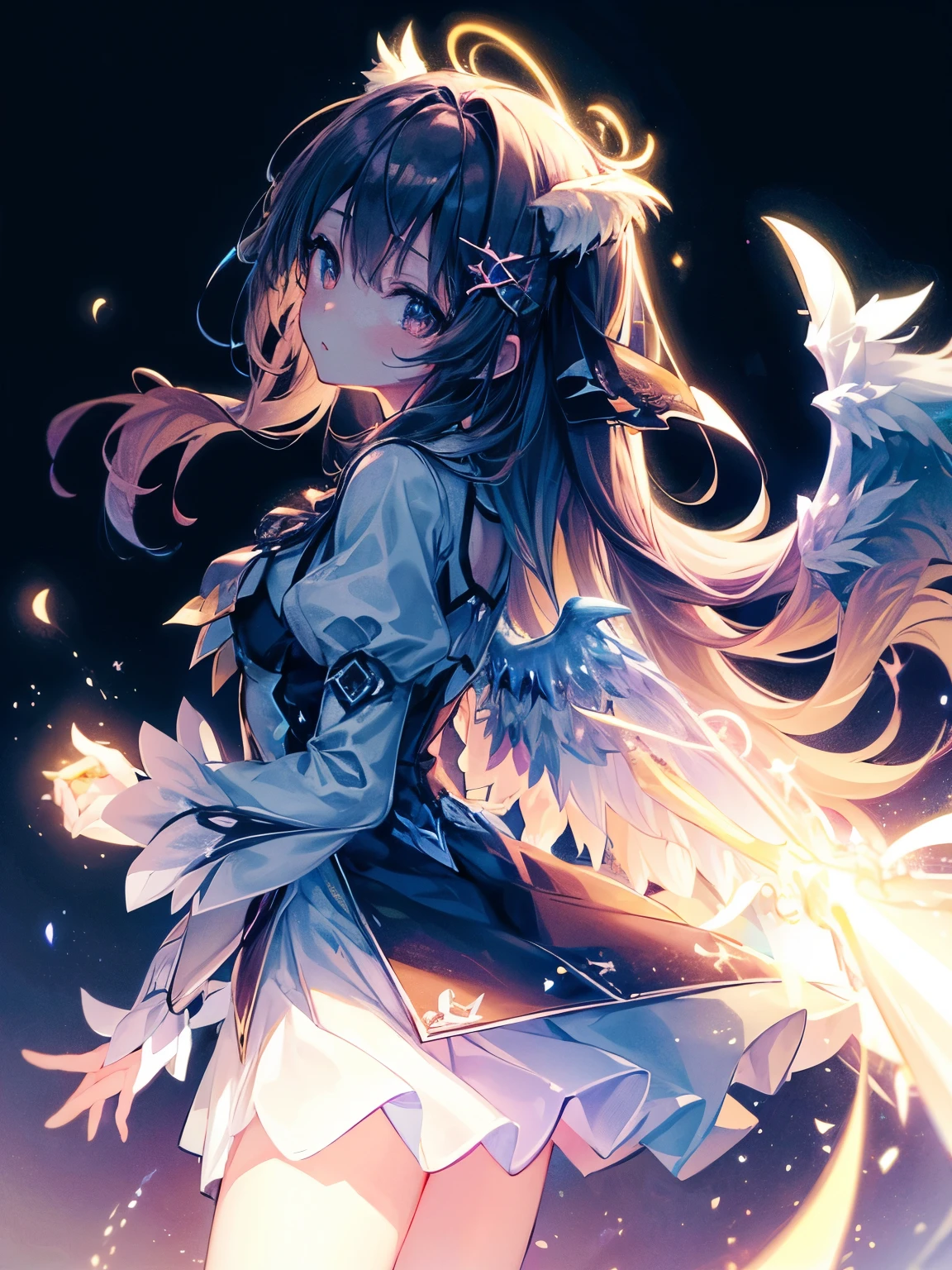 One girl、On the wings of light、Light wings glow on a dark background、contrast of darkness and light、(((masterpiece))), (best quality), (ultra detail), (very_high_resolution), (large_filesize), (full color)、Line art、neon、front、Magical girl