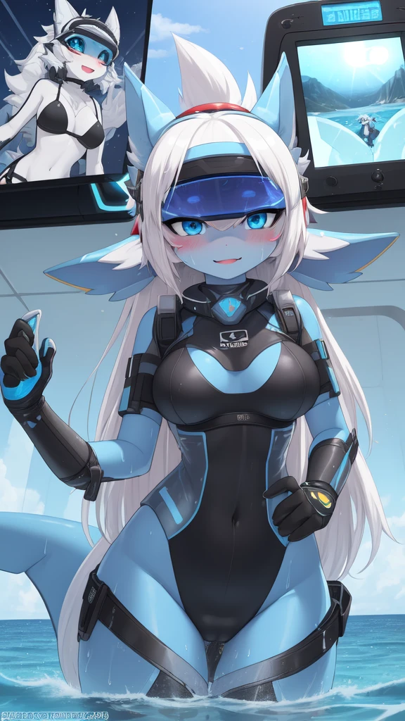 ((best quality, Masterpiece, perfect anatomy, Detailed pictures)), 1 female, arctic protogen, shark girl, Long visor, blue visor, blue eyes, sexy body, Big Pong, Bust 82, Waist 56, Thigh 83, Futuristic military black bikini clothing, Shark tail, The body is sexually aroused., wet, blushing, red red, shy, in the sea, front view