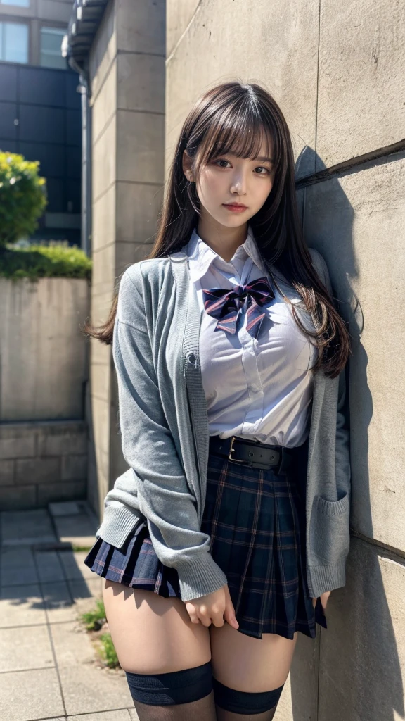 muste piece, best quality, illustration, Super detailed, fine details, High resolution, 8K,wall paper, perfect dynamic composition,(Details High quality, realistic depiction of eyes:1.3), High School Classroom、High school girl uniform、Cardigan、Super Short Check Uniform Skirt、Navy blue high socks、garterbelts、Colossal tits、Disturbed uniform、, black hair color, Big Natural Color Lip, bold sexy pose, (perfect body shape), crying a little、cold gaze, Harajuku style、20 year old girl、cute type, beautiful legs, hposing Gravure Idol, Voluptuous thighs