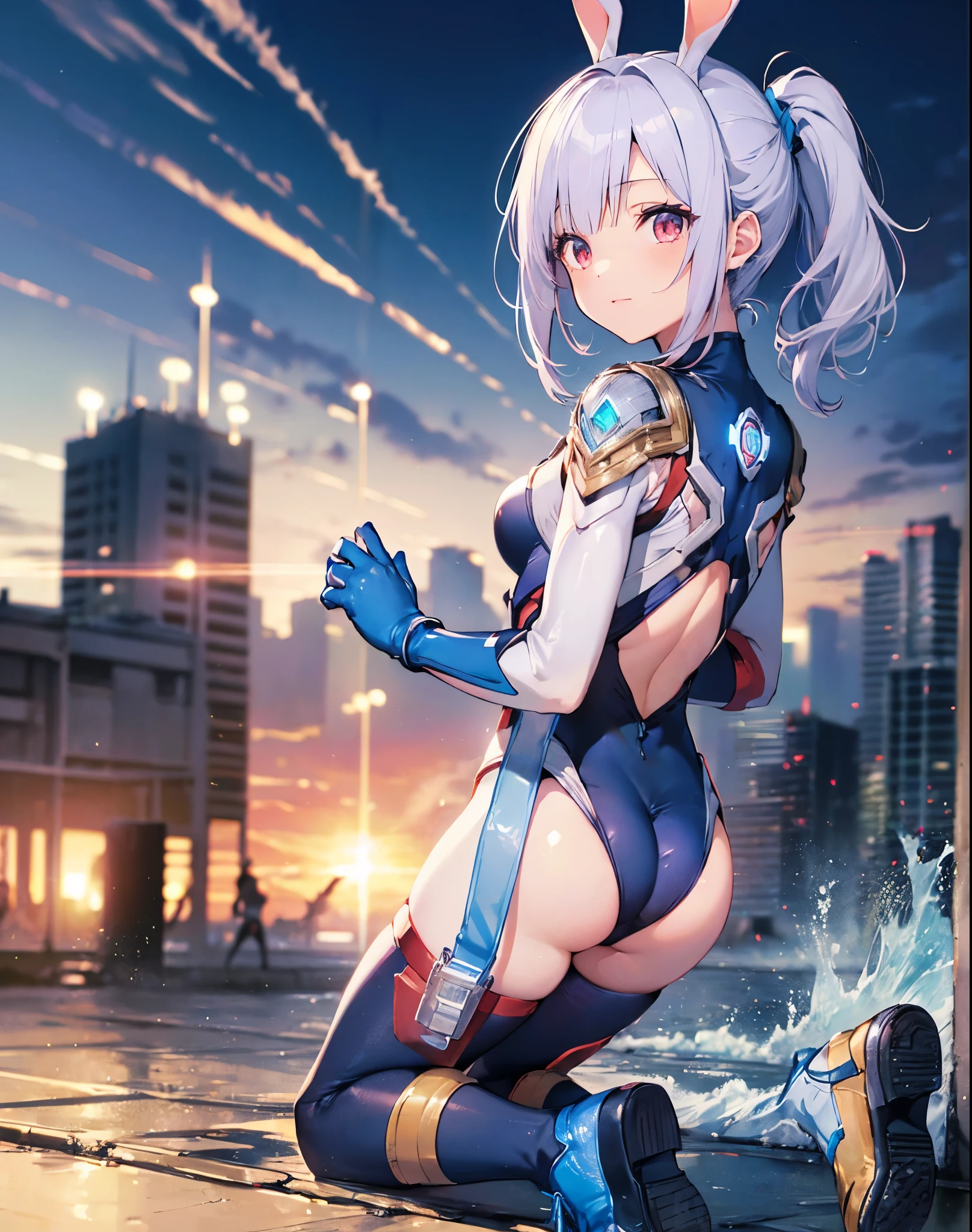 Realistic,highest quality, Ultra Detail, High-quality CG rendering, The most delicate and beautiful, Floating softly, High resolution, (1 girl), (Highest quality,4K,8K,masterpiece:1.2) ,Light purple hair,Rabbit,Bunny ears,ponytail,Red eyes,(Ultra Girl:1.0),(Bright blue Ultraman bodysuit:1.4),(Blue gloves:1.3),(Blue shoes:1.3), (Turn your back to your audience:1.3),Ass,(背中にウサギのAss尾:1.5)