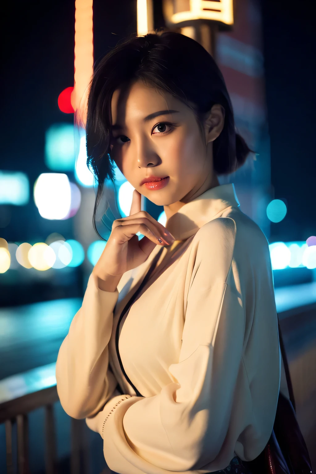 ((highest quality)), ((masterpiece)), (Cinematic aesthetics:1.4) Bokeh city night photo of beautiful Korean fashion model