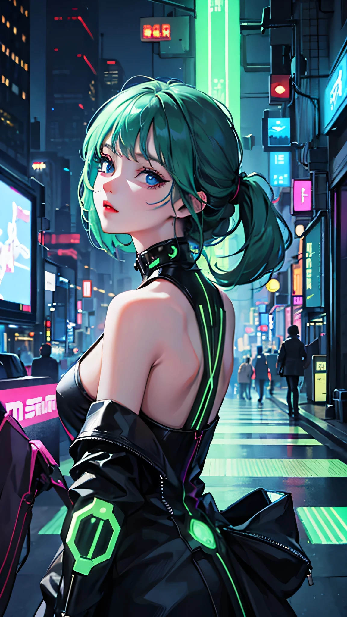 girl, Gazing at the Night City,Set with green neon lights, Lovely, sorrow, Cyberpunk, T-back, blue eyes, fashionable, Moe,