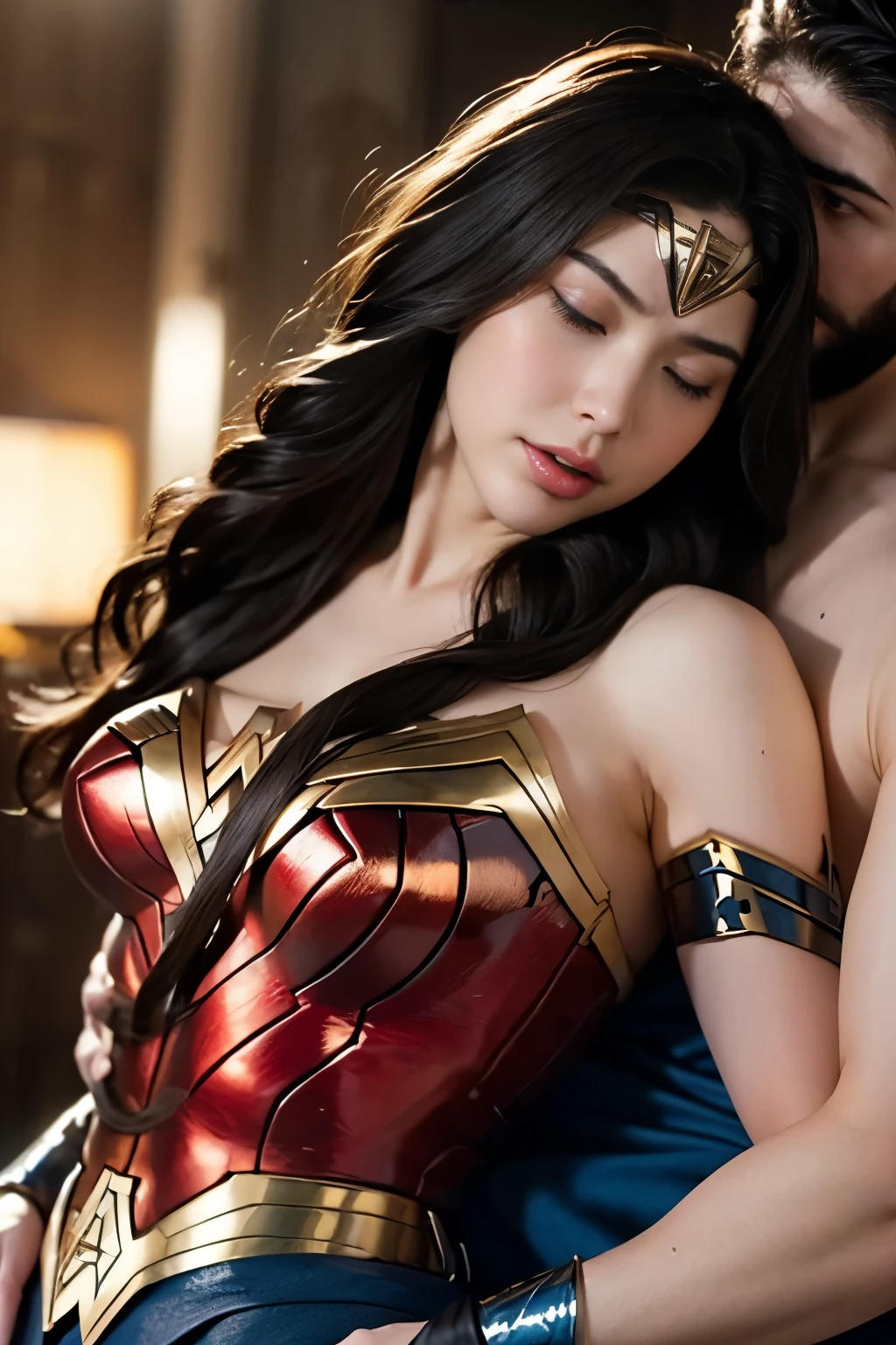 私はWonder Womanです、完璧なWonder Womanの衣装，お姫様Hugged,Hugged,Being strangled,You can hold it，Leaning on the man，Hugged，Can be lifted，Men lick my face with their tongues,The guys lick my head with their tongues,Men lick my hair with their tongues,My body is licked by men,sleeping face,Close ~ eyes,Open your mouth,Tired face,Face of Suffering,sleeping face,Being slapped in the face,Getting punched in the face,Fighting with men,Fight with the men,Surrounded by men,,caught between men,Being held back by men,Entanglement with males, Attacked by men,Brown Hair,  masterpiece、beautiful girl、fine 目、puffy eyes、highest quality, 超High resolution, (reality: 1.4), Cinema Lighting,so beautiful、Beautiful Skin、(超reality的な)、(High resolution)、(8k)、(Very detailed)、(beautiful and fine 目)、(Very detailed)、 Detailed face、Diagonal bangle hair、Brown Hair、20-year-old、Wonder Womanのコスプレ，Wonder Woman