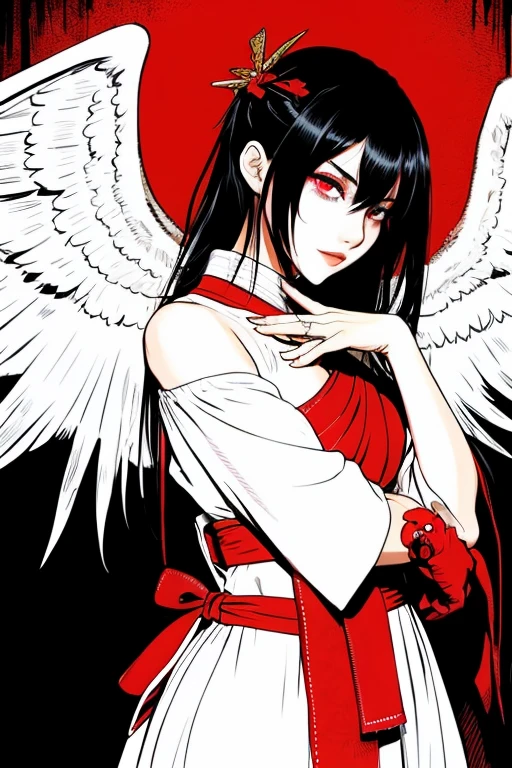 An illustration fallen Angel Murderous intent cool God Anime Eye color is red. Samurai