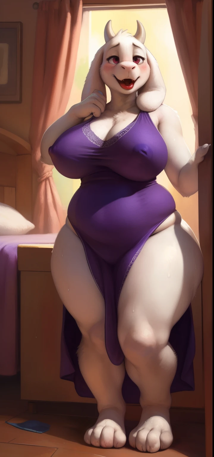 [toriel], [Undertale], [Uploaded to e621.net; (Pixelsketcher), ((beautiful body)), ((beautiful anatomy)), ((cute face)), ((bimbo lips)), (red lips), ((big ass covered by dress)), ((slightly showing thong covered by dress)), (underwear underneath dress), (wamudraws), (woolrool)], ((masterpiece)), ((HD)), ((high quality)), ((solo portrait)), (big behind), ((butt visible)), ((feet visible)), ((furry; anthro)), ((detailed fur)), ((detailed shading)), ((beautiful render art)), ((intricate details)), beautiful, (cute),  mature, {anthro goat; white fur, white nose, (cute maroon eyes), (short eyelashes), (short horn), short fluffy tail, (big booty), (gorgeous wide hips), (thick thighs), (kenket), (showing ass), (open mouth, blush), (surprise), (frown)}, {(big tits, big breasts, big boobs), (dress, purple dress:1.2), (big butt), (white rune on chest)}, {(standing)), (free hands), (showing tight dress hugging ass), ((sweaty body)), ((wet body)), (looking at viewer)}, [background; (in her room), (nipple outlines under dress), (ambient lighting)], (big ass), (wide hips), ((sfw slightly showing thong covered by dress)), (thick thighs), (perfect clothing),
