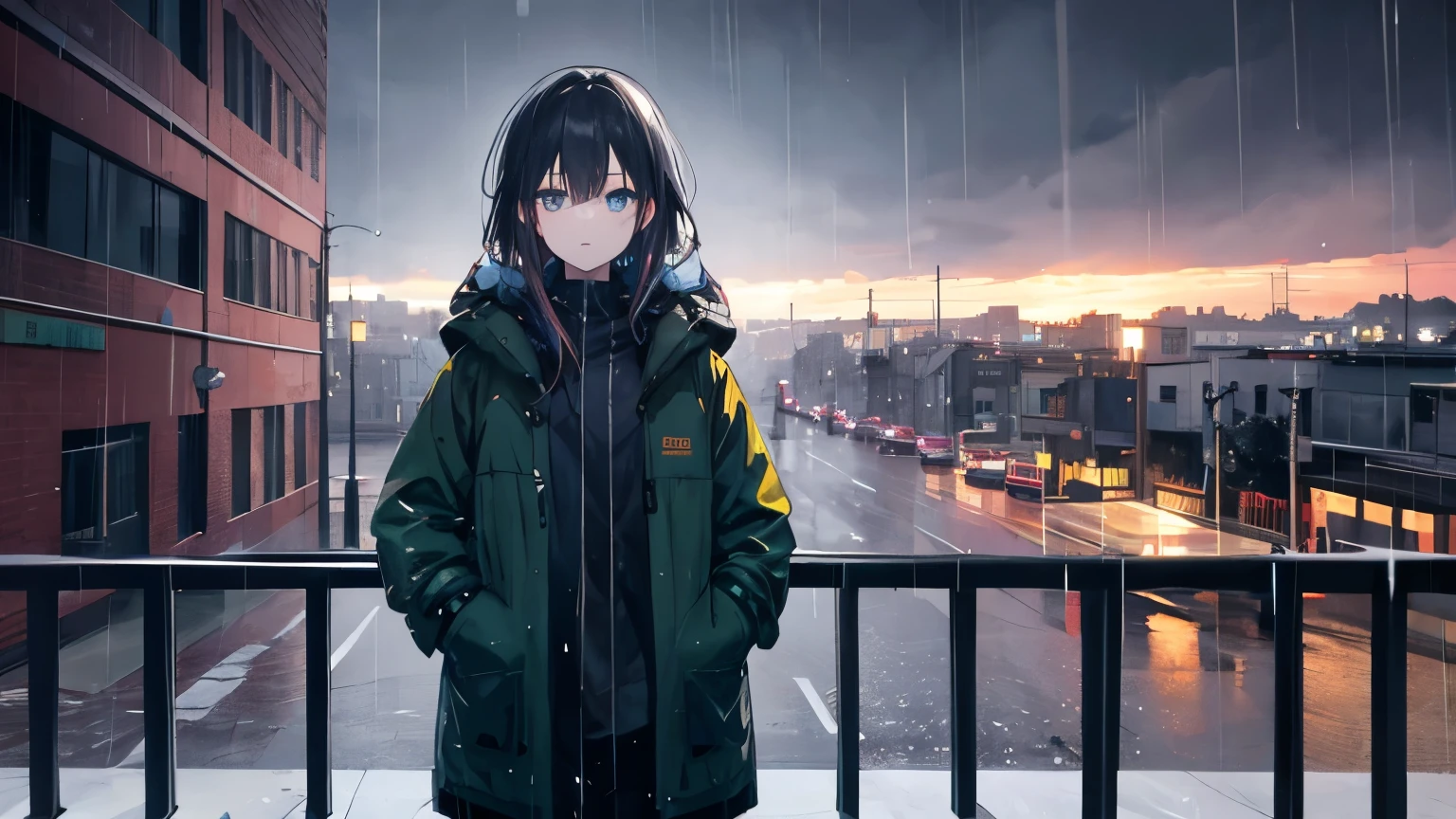 masterpiece, highest quality, 1 girl, City of night, rain, coat, Detailed face, Fine grain, Beautiful Eyes, View your viewers, Put your hands in your pockets