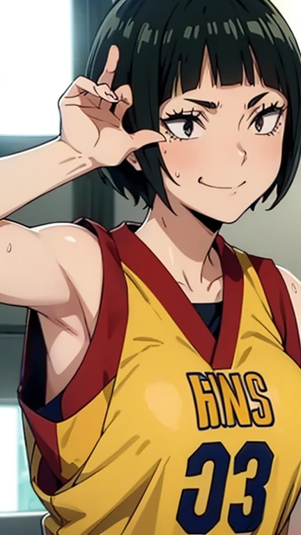 a close up of a person wearing a basketball uniform, a picture, inspired by Kentaro Miura, trending on pixiv, Saeko Tanaka, Haikyuu, short hair, wearing yellow nba jersey, yellow croptop nba jersey, wearing a low cut croptop, wearing croptop, croptop, written "Lakers" on the croptop, golden raito, (winking), shirobako, large)}], favorite scene, fine details. anime. skins, sweating, big breasts, both hands raised, armpits, armpits visible, dripping with sweat, more more sweat, sweaty armpits, smile