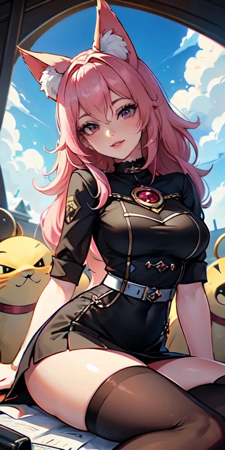Obra maestra, 8k, art style by sciamano240, cara muy detallada, ropa detallada, tela detallada, 1 chica, ( Katarina jurada de muerte (liga de leyendas 1.1)) Hermoso rostro, asymmetric long hair, pelo rosa claro, vistiendo un top de Prada, Botas hasta el muslo Dior, pencil miniskirt, medias negras, ojos de gato azules muy detallados, linda sonrisa, de rodillas mirando hacia arriba , sunny day, Vista de cuerpo completo,