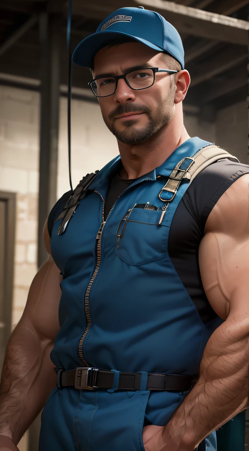 An award-winning original photo，A wild muscular man, (40 years old daddy:1.1), 1boy, Solo, (blue mechanic jumpsuit), (tool belt), (blue baseball cap), black hair, (big shoulders), musculature, stubbles, Short beard, Beautiful eyes:1.3, ), (Detailed face:1.3), wearing glasses, smiles, Dynamic Angle, volumetric lighting, (Best quality, A high resolution, Photorealistic), Cinematic lighting, Masterpiece, RAW photo, Intricate details, hdr, depth of field