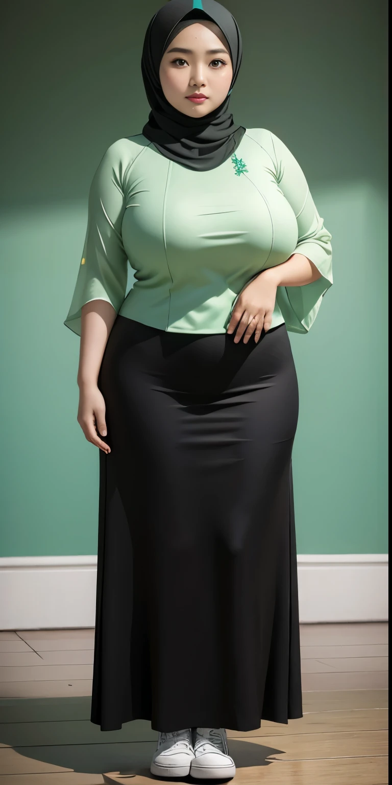 1 chinese-Indonesian girl, modern plain hijab, shy, medium portrait, watery eyes, wearing pastel green kebaya, ((big breasts)), black bokeh background, well-proportioned body,, chubby massive thighs, full body pose, Hena art on the body, hena art on arms, full body view , wearing white sneakers 