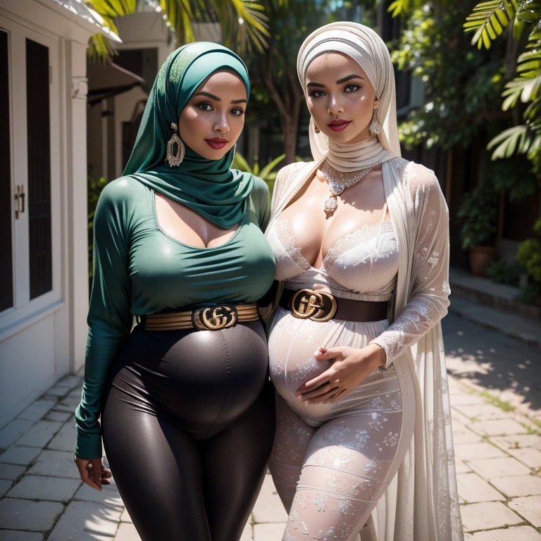 Soft smile (((uma loira, Uma ruiva,uma americana,Uma morena,uma malay,uma mexicana, uma japonesa))) (((Woman with hijab style, hijab with sexy dress)), (lace stockings), (((Wearing: diamond necklace and earrings))). RAW photo, full sharp, detailed face (high detailed skin:1.2), 8k uhd, dslr, soft lighting, high quality, film grain, Fujifilm XT3, (extremely beautiful face, sexy lips, beautiful red lips, Clear eyes, beautiful eyes), (big green eyes), pretty girl, face forward, intricate detail face, ((ultra detailed skin)) (skin texture, film grain), Detailed beautiful face, choker, aroused, MODE, big huge breasts : {Perfect Details hijab beautiful wearing lingerie and leggings dress: (((2 girls:1.5, girls artsy women))) pregnant 9 month (((pregnant Gorgeous artsy women))) (((wearing a belt design by GUCCI))), ((beautiful pregnant)) Smile, very red lipstick, malay girl modern plain hijab, medium portrait shot , watery eyes , big eyes, pink glowing particles, (((wearing leggings))) ((big breast)), background: In The Graffiti Alley, Waste Container, Outside Stairs, (((Outdoor Unit))), proportional body,full body, detailed face, striking lips, dread hair, hair stuck, jewelry, silver, earrings, detailed Hijab, detailed eyes, black eyes, huge breasts, large breasts, big breasts, bursting breasts, big breasts, full breasts, exposed breasts, bare breasts, narrow waist, bare ass, big ass, bare belly, bare navel, big ass, bare belly, bare belly, sexy, shiny skin, perfect female body, lovely colorful lighting, Cheery atmosphere, flirty, freckles, gorgeous face, incredible detail to texture, in love, green eyes, lots of color, photorealistic, masterpiece, absolute babe, Colorful outfit, patterns,}