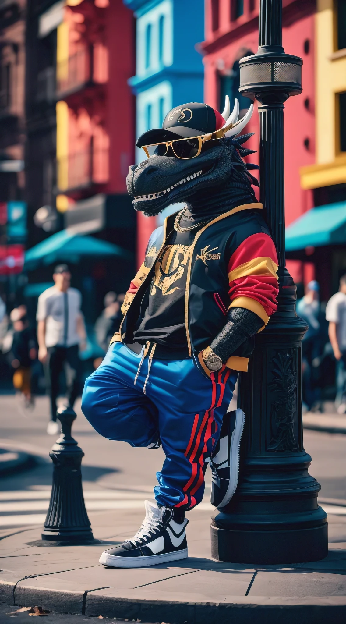 A striking 3D render illustration of a stylish black anthropomorphic dragon, rocking hip-hop attire. The dragon is dressed in fashionable, brilliant colors, sporting a cap, sunglasses, and a casual outfit that exudes cool. It leans casually against a lamppost, blending seamlessly into the vibrant urban setting. The background showcases the bustling city life, with tall, colorful buildings and passersby. The overall atmosphere is energetic, modern, and fashionable, capturing the perfect blend of urban culture and fantasy., fashion, illustration, 3d render, portrait photography