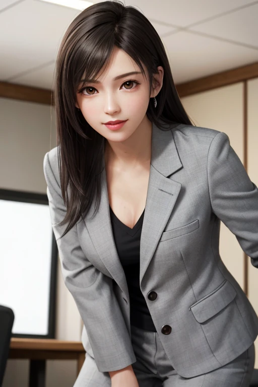 (highest quality, Tabletop: 1.1), (Realistic: 1.3), break (((FF7,Tifa_Lockhart))),(alone,Tifa:1.2),(Japanese ,Grey tailored jacket,Grey Tailored Pants,office suit:1.3) ,(office, indoor,coffee),(Strong Will,Sexy pose:1.1),Highly detailed face, Fine grain,Red eyes, break (((FF7,Tifa_Lockhart))),(Light brown hair, Large Breasts: 1.2), break (Small beautiful hard nipples) Around 18 years old,cute,smile,Face Focus:1.5,Acting like I want to kiss you,shy