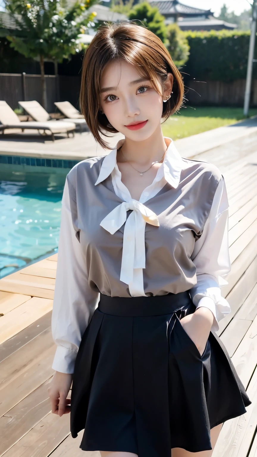 korean ,  shirt, ribbon, skirt, Light Brown Hair, School poolside, Poolside bench, 8k RAW photo, High resolution, 16 year old cute Korean, Big round breasts, Beautiful eyes in every detail, Long eyelashes, Beautiful double eyelids, Long, narrow eyes, Long, narrow eyesの形, Three white eyes, Duck mouth, Wicked Smile, Evil look, Beautiful and slim legs, Beautiful and thin thighs, Random Shorthair, Tie your hair behind your head, Earrings, necklace,