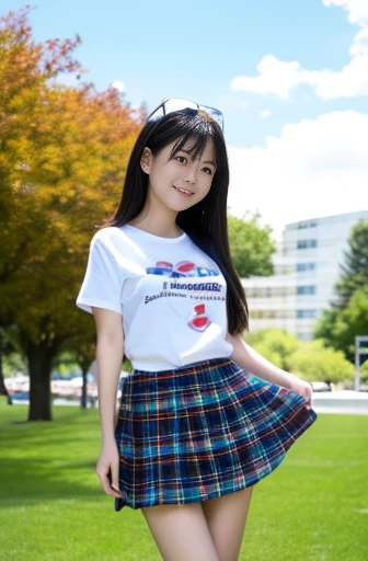 Tabletop, (highest quality),(masterpiece) Realistic,Realistic Ultra-detailed, finely, High resolution, 8K Wallpaper,Anatomically correct body, One cute woman,Japanese,,,smile,(Black Hair:1.3),(Straight long hair:1.4),(Are thin:1.3),T-Shirts,(Tartan Skirt:1.4),Summer sunshine,Park during the day,clear,Front lighting,