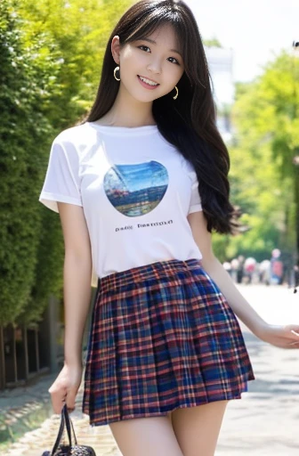 (8K),(masterpiece),(Japanese),(8-year-old girl),((Innocent look)),((Childish)),From the front and above,smile,cute,Innocent,Kind eyes,Plain T-shirt,Short sleeve,Blue checked short skirt,semi-long,Hair blowing in the wind,Black Hair,Somewhat strong wind,noon,bright,flat_body, low_teen, very_young, light smile, closed lips, beautiful detailed eyes, slender, small, junior_high_school_student, outdoor, sunlight, black hair, look ahead, full body, girl,shirtlift