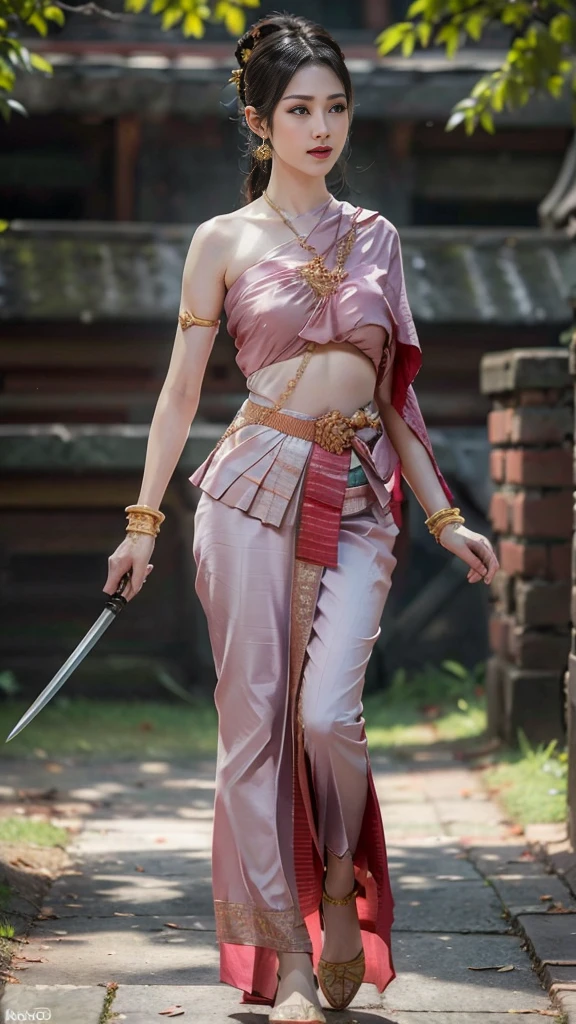 (raw photos:1.2), (realistic:1.4), (Masterpiece:1.3), (best quality:1.4), Ultra high resolution, (Detailed eyes), (Detailed facial features), (Detailed clothing features), HDR, 8K resolution, Focus only, Dressing according to Thai tradition, Strapless, Thai female warrior, Tabengman, loincloth, 1 woman , big breasts, A gigantic rift, big breastsดันเสื้อผ้า, big breast, The breasts are fully grown.., Make your breasts bigger.., small waist, Long legs, Facing the audience, Full body, depth of field, Cinema-grade lighting system, big breast, Breast augmentation, 400CC, Your breasts are too big for your body., Revealing a flat stomach, The lower half of the chest can be seen., run, Image from a very low angle, battlefield, holding an ancient sword