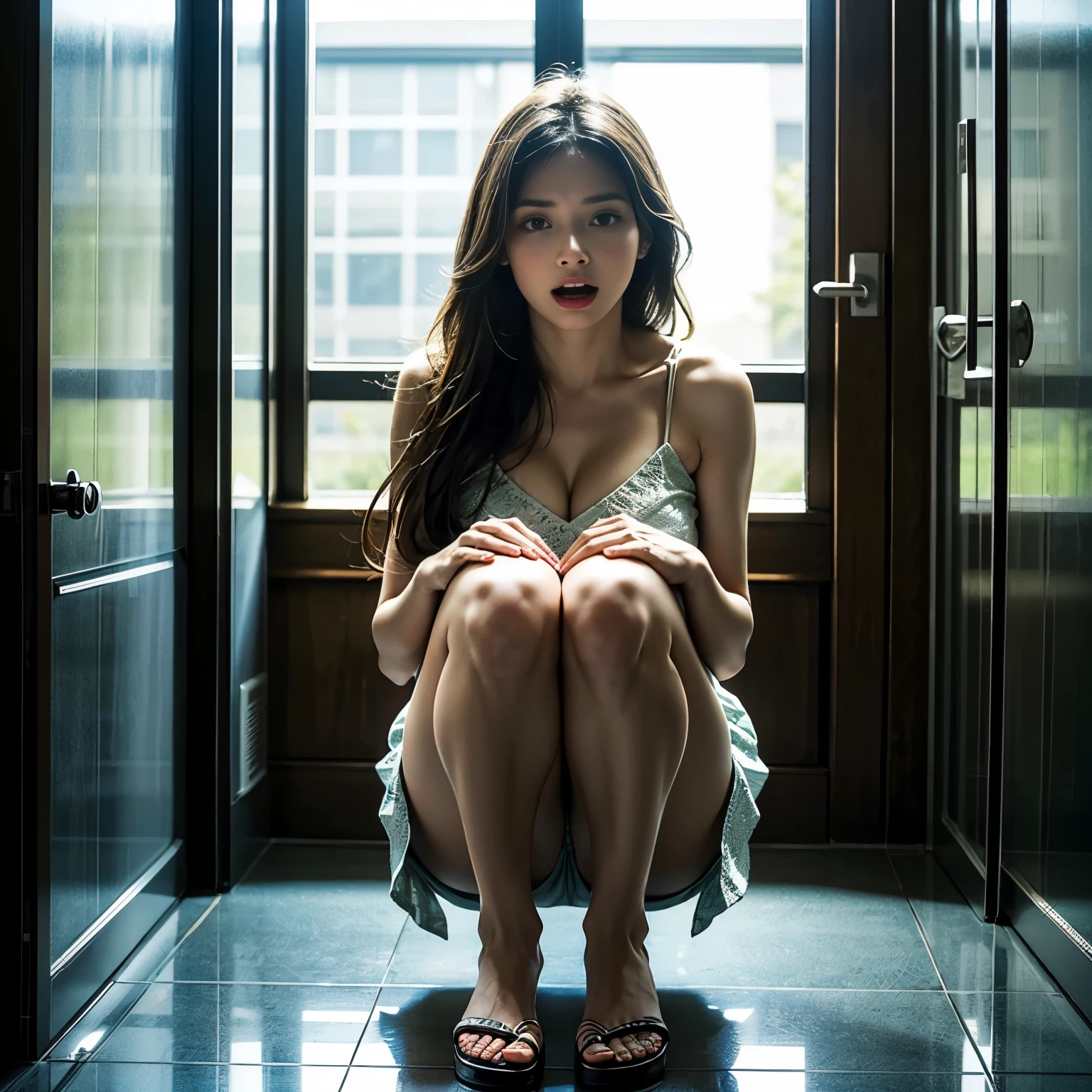A girl desperately trying to relieve herself、(Correct anatomy of the fingers)、very beautiful、Ideal proportions、Big Breasts、Very stylish、In the elevator、An illustration、High resolution、Super detailed、Bright colors、Strong lighting、Squat with your legs wide apart、Place your hands on your knees、(Anguished expression:1.4)、Close-up、