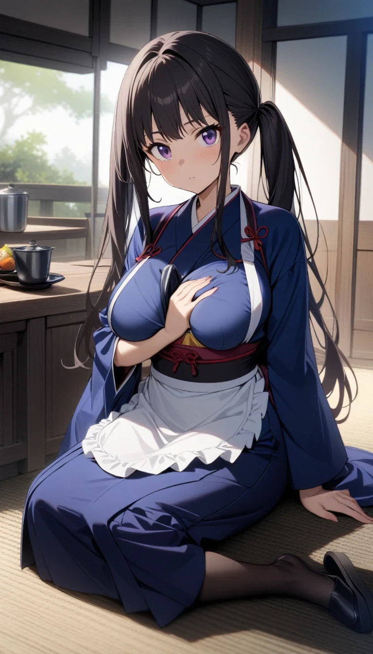 masterpiece, best quality, very aesthetic, absurdres, 1girl, inoue takina, lycoris recoil, long hair, bangs, twintails, black hair, (purple eyes:1.2), japanese clothes, kimono, apron, waist apron, blue kimono, waitress, Sitting, (between breast:1.3), full body