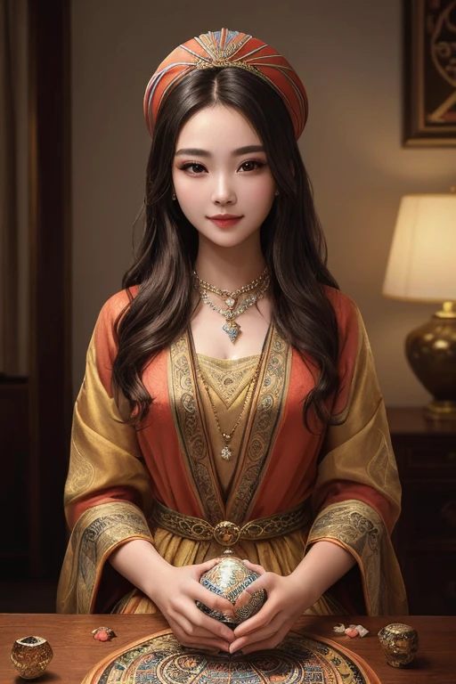 ((highest quality)), ((masterpiece)), (detailed), Perfect Face,kind,Healing,Alluring,fortune teller,Fantastic,vivid,CG,Long Hair,front,Gal,flashy,