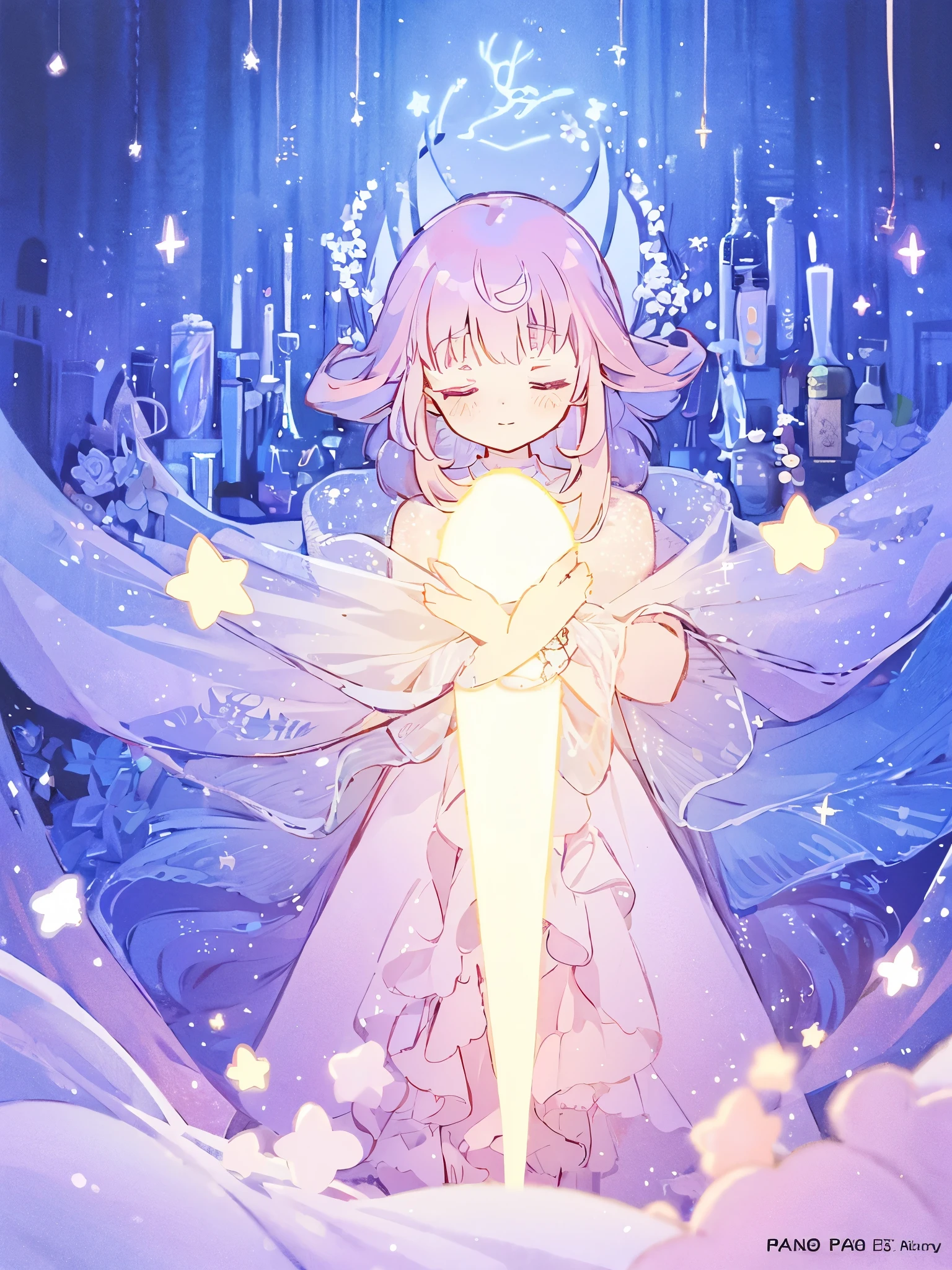 complex background, wishing star background, a woman wearing an ethereal mystical pink translucent dress that reflects the stars, mystic, complex drawing, highly detailed, ethereal, starry night, midjourney style